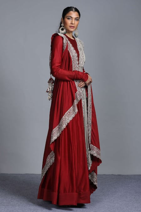 Jayanti Reddy Maroon Chanderi Silk Anarkali Set 