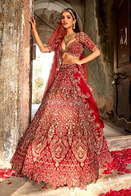 Jayanti Reddy Maroon Raw Silk, Organza Zardozi Plunge Rose Dori Embroidered Bridal Lehenga Set Online at Aza Fashions Jayanti Reddy_Maroon Raw Silk, Organza Zardozi Plunge Rose Dori Embroidered Bridal Lehenga Set _Online_at_Aza_Fashions