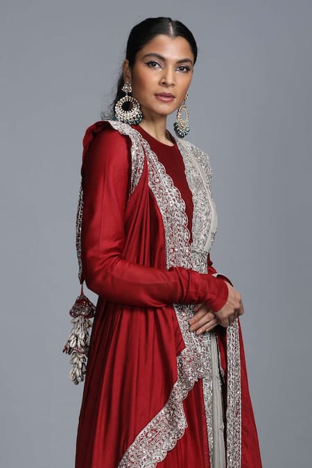 Shop Jayanti Reddy Maroon Chanderi Silk Anarkali Set at Aza Fashions Shop_Jayanti Reddy_Maroon Chanderi Silk Anarkali Set _at_Aza_Fashions