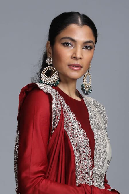 Jayanti Reddy Maroon Chanderi Silk Anarkali Set Online at Aza Fashions Jayanti Reddy_Maroon Chanderi Silk Anarkali Set _Online_at_Aza_Fashions