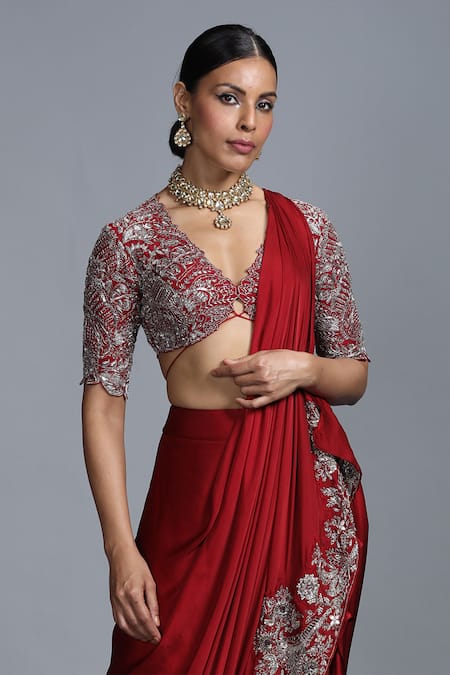 Shop Jayanti Reddy Maroon Silk Pre Pleated Saree With Blouse at Aza Fashions Shop_Jayanti Reddy_Maroon Silk Pre Pleated Saree With Blouse _at_Aza_Fashions