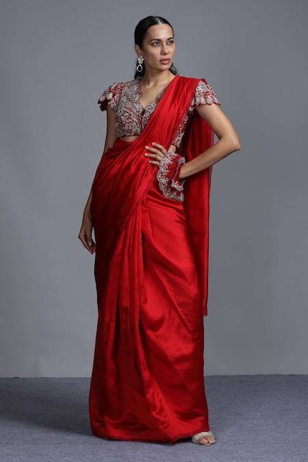 Buy Red Silk V Neck Saree With Blouse For Women by JAYANTI REDDY Online at Aza  Fashions.