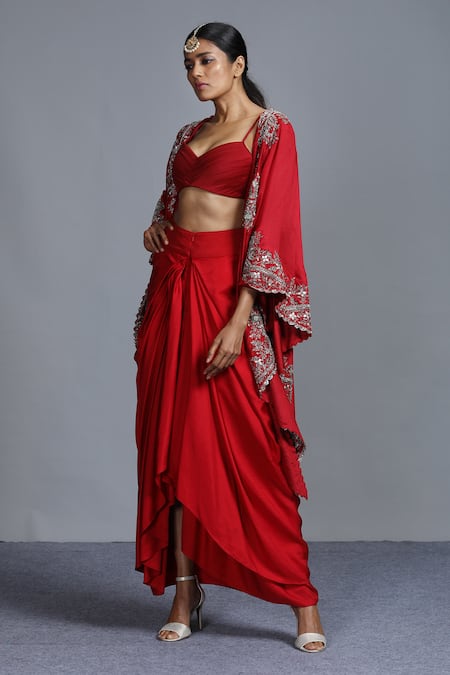 Jayanti Reddy Red Silk Embroidered Cape And Skirt Set 