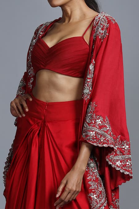 Shop Jayanti Reddy Red Silk Embroidered Cape And Skirt Set at Aza Fashions Shop_Jayanti Reddy_Red Silk Embroidered Cape And Skirt Set _at_Aza_Fashions