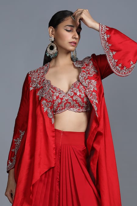 Shop Jayanti Reddy Red Silk Embroidered Jacket And Skirt Set at Aza Fashions Shop_Jayanti Reddy_Red Silk Embroidered Jacket And Skirt Set _at_Aza_Fashions