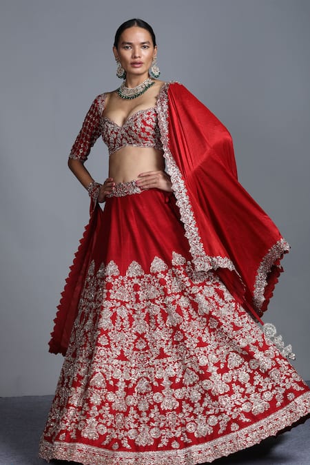 Jayanti Reddy Red Silk Sweetheart Neck Bridal Lehenga Set 