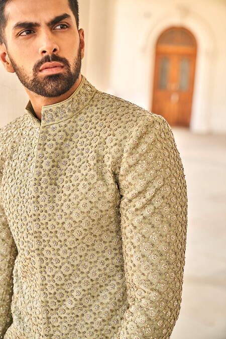 Jayanti Reddy_Green , Raw Zardozi Embroidered Bandhgala And Pant Set_Online_at_Aza_Fashions