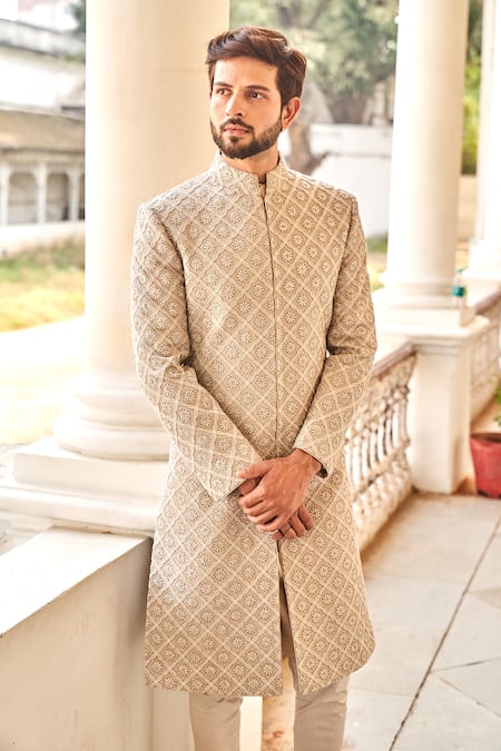 Jayanti Reddy_Beige Silk, Chikankari Zardozi Sherwani Set _Online_at_Aza_Fashions