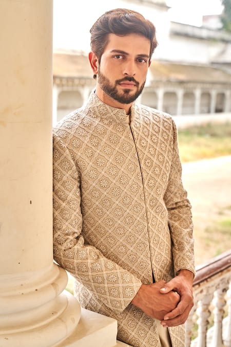 Buy_Jayanti Reddy_Beige Silk, Chikankari Zardozi Sherwani Set _Online_at_Aza_Fashions