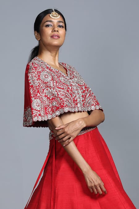 Shop Jayanti Reddy Red Silk Capelet And Lehenga Set at Aza Fashions Shop_Jayanti Reddy_Red Silk Capelet And Lehenga Set _at_Aza_Fashions