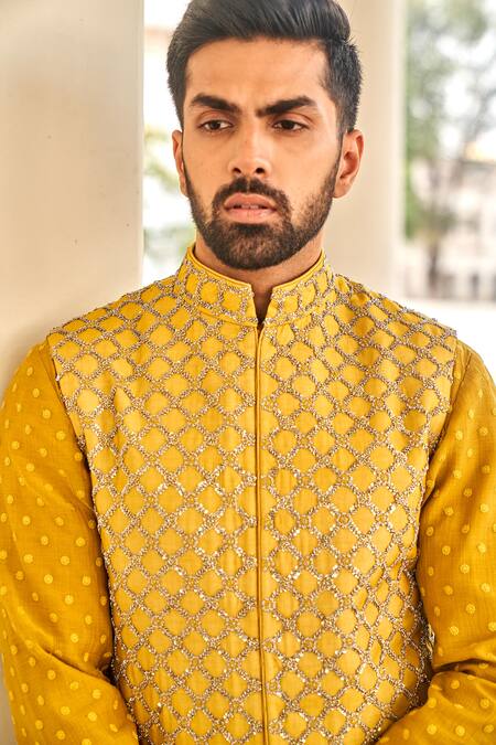 Shop_Jayanti Reddy_Yellow Raw Silk, Chikankari Chikankari, Sequins Embroidered Bundi And Kurta Set _Online_at_Aza_Fashions