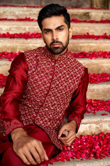 Shop_Jayanti Reddy_Maroon Raw , Chiniya Thread Work Embroidered Bundi And Kurta Set_at_Aza_Fashions