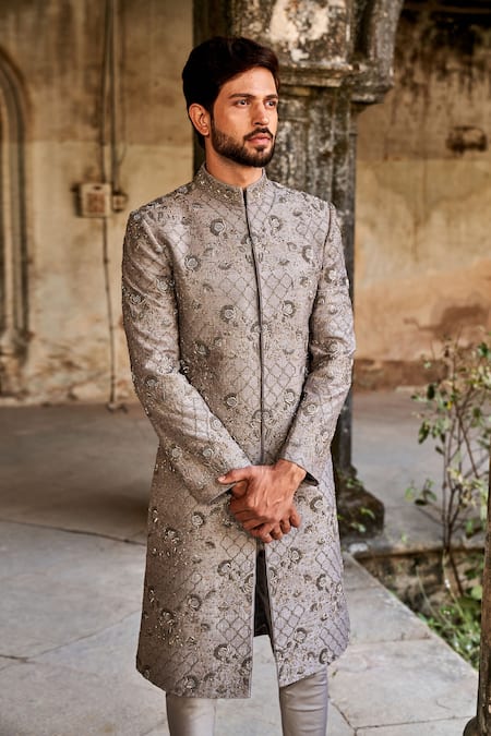 JAYANTI REDDY Grey Raw Silk Embroidered Zardozi Floral Jaal Sherwani Set  