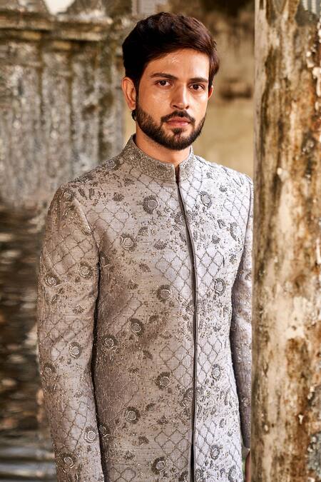 Jayanti Reddy_Grey , Raw Zardozi Floral Jaal Embroidered Sherwani Set _Online_at_Aza_Fashions