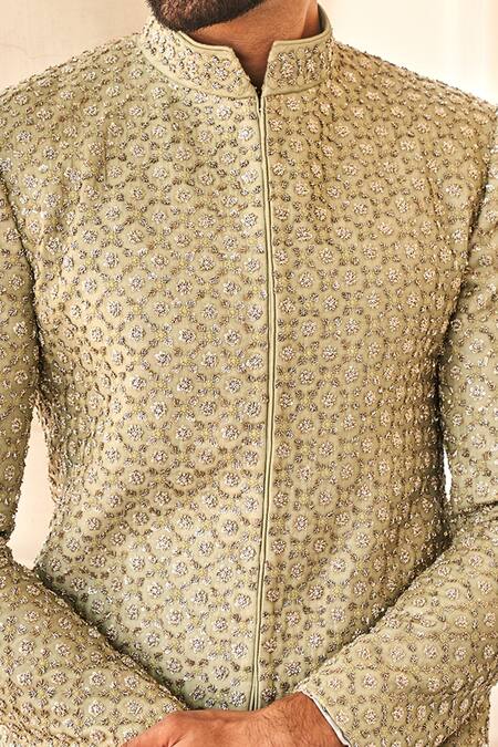 Buy_Jayanti Reddy_Green , Raw Zardozi Embroidered Bandhgala And Pant Set_Online_at_Aza_Fashions