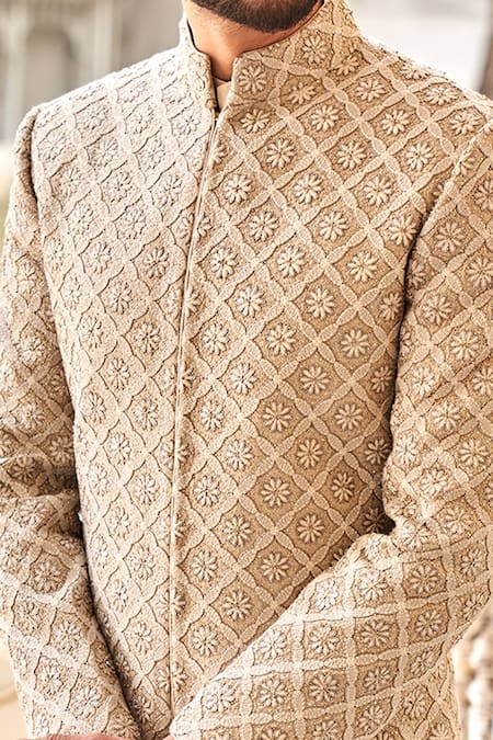 Shop_Jayanti Reddy_Beige Silk, Chikankari Zardozi Sherwani Set _Online_at_Aza_Fashions