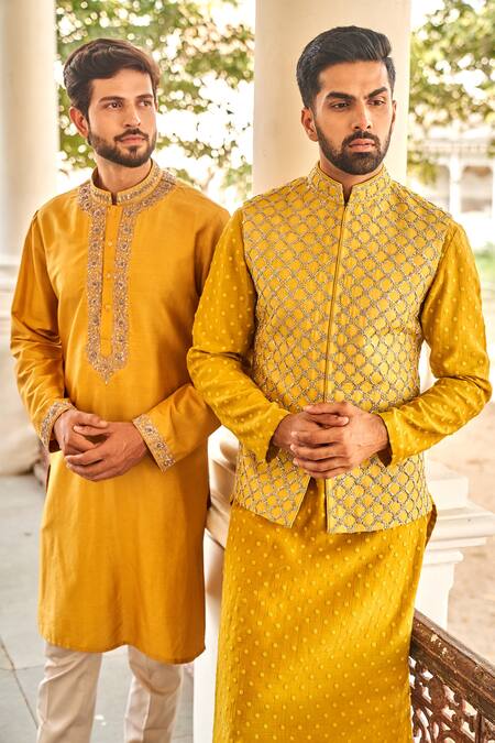 Jayanti Reddy_Yellow Raw Silk, Chikankari Chikankari, Sequins Embroidered Bundi And Kurta Set _Online_at_Aza_Fashions