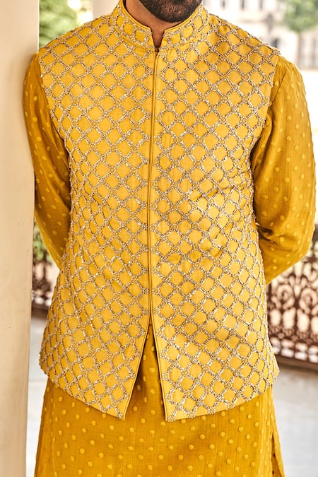 Buy_Jayanti Reddy_Yellow Raw Silk, Chikankari Chikankari, Sequins Embroidered Bundi And Kurta Set _Online_at_Aza_Fashions