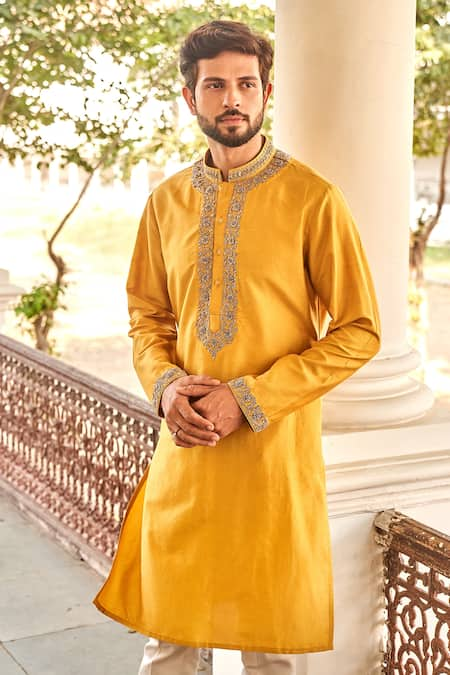 JAYANTI REDDY Yellow Silk Embroidered Zardozi Kurta Set  