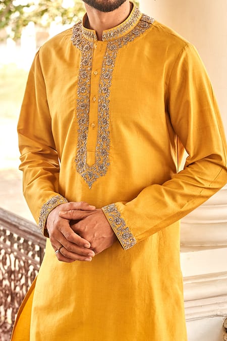 Buy_Jayanti Reddy_Yellow , Chiniya Zardozi Embroidered Kurta Set_Online_at_Aza_Fashions