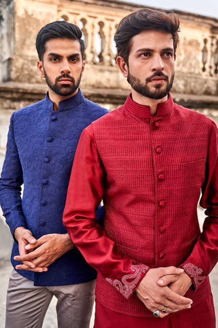 Shop Jayanti Reddy Blue Silk, Bandhgala And Pant Set at Aza Fashions Shop_Jayanti Reddy_Blue Silk, Bandhgala And Pant Set _at_Aza_Fashions