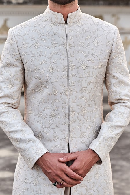 Jayanti Reddy_Beige Silk, Chikankari Zardozi Sherwani Set _Online_at_Aza_Fashions