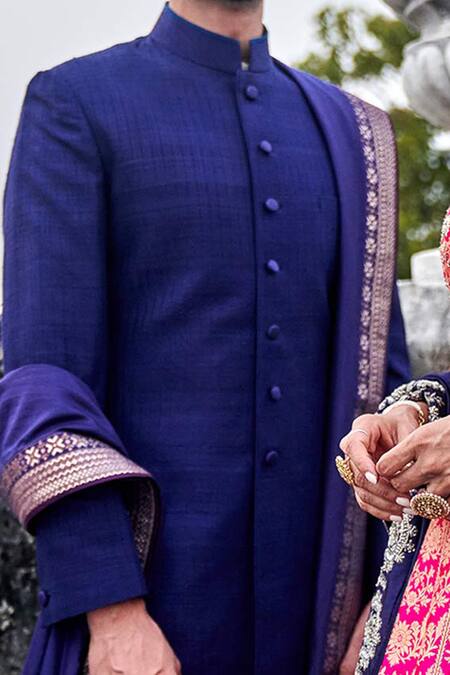 Jayanti Reddy_Blue , Raw Sherwani Set With Dupatta _Online_at_Aza_Fashions