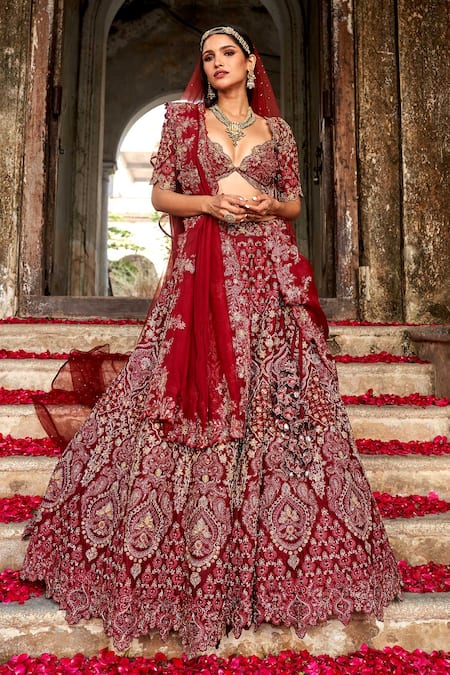 Buy Maroon Raw Silk Mughal And Peacock Pattern Bridal Lehenga Set For Women  by Annus Creation Online at Aza Fashions.