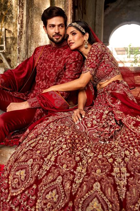 Buy Jayanti Reddy Maroon Raw Silk, Organza Zardozi Plunge Rose Dori Embroidered Bridal Lehenga Set Online at Aza Fashions Buy_Jayanti Reddy_Maroon Raw Silk, Organza Zardozi Plunge Rose Dori Embroidered Bridal Lehenga Set _Online_at_Aza_Fashions
