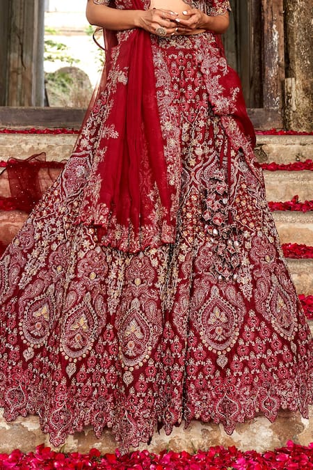 Jayanti Reddy Maroon Raw Silk, Organza Zardozi Plunge Rose Dori Embroidered Bridal Lehenga Set at Aza Fashions Jayanti Reddy_Maroon Raw Silk, Organza Zardozi Plunge Rose Dori Embroidered Bridal Lehenga Set _at_Aza_Fashions