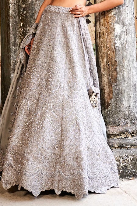 Jayanti Reddy_Grey , Raw Zardozi Plunge V Neck Maze Embroidered Bridal Lehenga Set _Online_at_Aza_Fashions