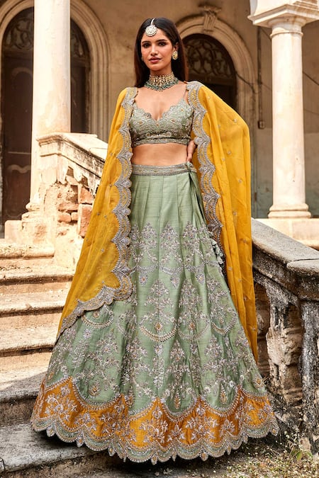 Yellow and Green Designer Work Lehenga/Pant Suit - Indian Heavy Anarkali  Lehenga Gowns Sharara Sarees Pakistani Dresses in USA/UK/Canada/UAE -  IndiaBoulevard