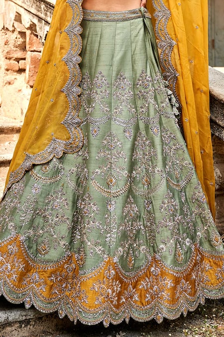 Shop_Jayanti Reddy_Green Raw Silk, Chanderi Zardozi Plunge V Neck Embroidered Bridal Lehenga Set _Online_at_Aza_Fashions