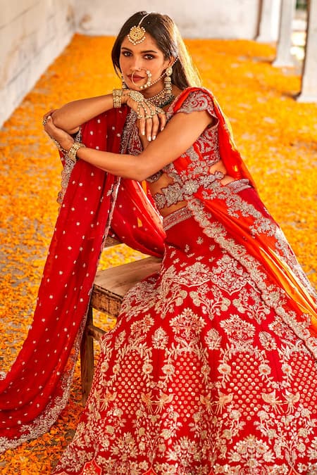 Jayanti Reddy_Red Raw Silk, Chanderi Zardozi Humming Bird Embroidered Bridal Lehenga Set _Online_at_Aza_Fashions