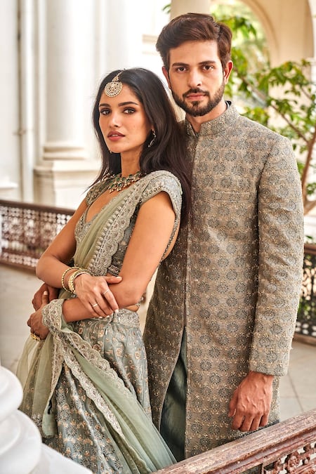 Jayanti Reddy_Green Raw Silk, Organza Zardozi Plunge V Crescent Embroidered Bridal Lehenga Set _Online_at_Aza_Fashions