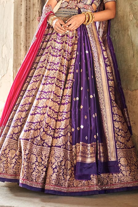 Jayanti Reddy_Purple Silk, Raw Silk, Banarasi Zardozi Scoop Embroidered Bridal Lehenga Set _Online_at_Aza_Fashions