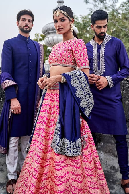 Jayanti Reddy_Pink Silk, Raw Silk, Banarasi Zardozi Crew Neck Embroidered Bridal Lehenga Set _Online_at_Aza_Fashions