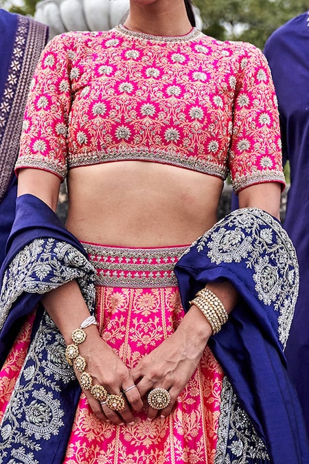 Pink Blue Lehenga Choli with Blouse (Un-Stitched) Repeating Jacquard Design  and Embroidery Botanical Work Dupatta and Blouse.