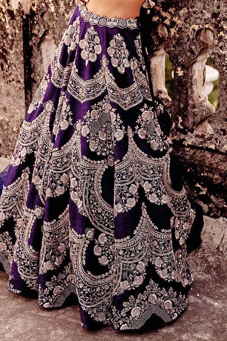 Shop_Jayanti Reddy_Purple , Raw Zardozi Scoop Neck Floral Embroidered Bridal Lehenga Set _Online_at_Aza_Fashions
