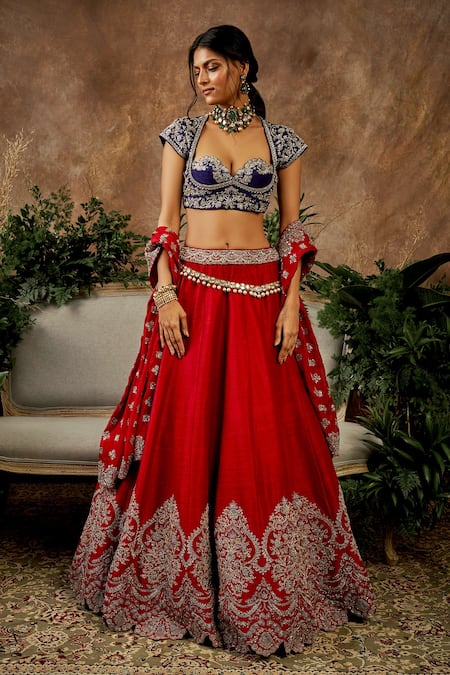 Jayanti Reddy_Red Raw Silk, Organza Zardozi Scoop Neck Embroidered Bridal Lehenga Set _Online_at_Aza_Fashions