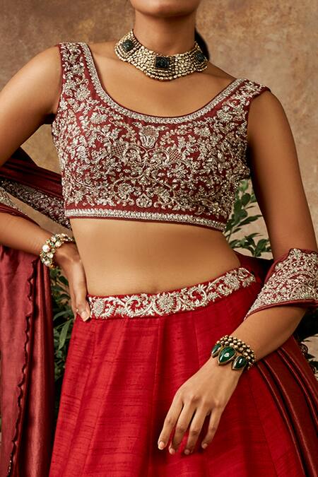 Buy_Jayanti Reddy_Red , Raw Zardozi Round Embroidered Bridal Lehenga Set _Online_at_Aza_Fashions