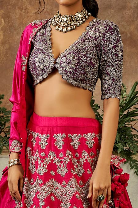 Buy_Jayanti Reddy_Pink , Raw Zardozi V Neck Embroidered Bridal Lehenga Set _Online_at_Aza_Fashions