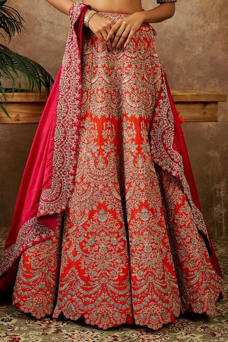 Jayanti Reddy_Orange , Raw Zardozi V Neck Embroidered Bridal Lehenga Set _Online_at_Aza_Fashions