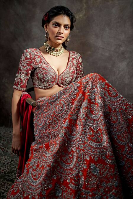 Buy_Jayanti Reddy_Orange , Raw Zardozi V Neck Embroidered Bridal Lehenga Set _Online_at_Aza_Fashions