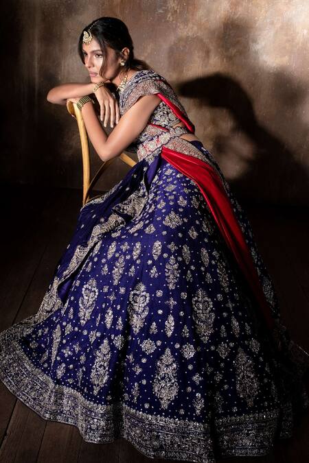 Jayanti Reddy_Purple , Raw Zardozi U Neck Embroidered Bridal Lehenga Set _Online_at_Aza_Fashions