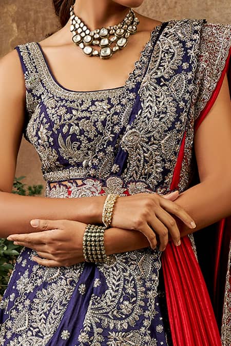 Shop_Jayanti Reddy_Purple , Raw Zardozi U Neck Embroidered Bridal Lehenga Set _Online_at_Aza_Fashions