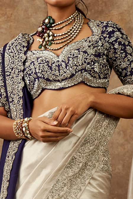 Jayanti Reddy_Beige , Raw Zardozi Sweetheart Neck Saree With Blouse And Dupatta _Online_at_Aza_Fashions