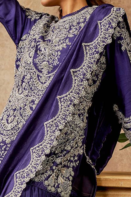 Jayanti Reddy_Purple Silk, Georgette Zardozi Round Embroidered Tunic Sharara Set _Online_at_Aza_Fashions