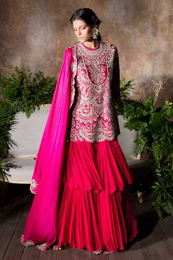 Pink Silk Zardozi Kurta Sharara Set 