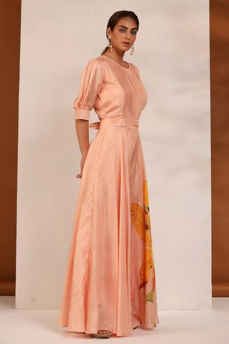 Koashee By Shubitaa_Peach Bemberg Silk, Lining Cambric Floral Round Pattern Pleated Jumpsuit _Online_at_Aza_Fashions
